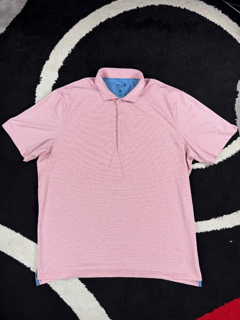 Johnnie O Performance Polo Shirt Men's XL Pink Blue Striped UPF 50 Stretch Golf